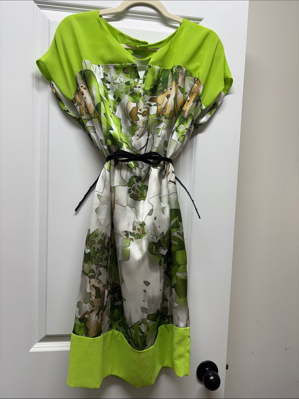 Women Lime Green Floral Print Dress with Black Tie